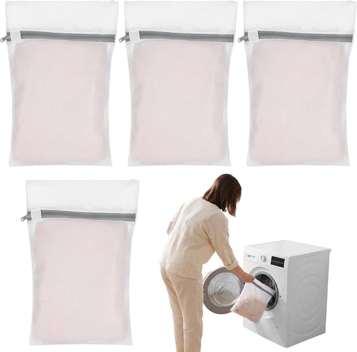 Set van 4 mini waszakken van mesh (20 x 30 cm) voor fijne was, lingerie en sokken, beschermt stoffen tegen krassen en klitten — afbeelding 1