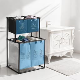 Wasmand 4 Vakken - Wassorteerder - Dubbellaags Wasmanden - met 4 Afneembare Oxford Zakken - Sorteert Donker/Licht/Ondergoed - Stevig Metalen Frame - 57x44x97 cm - Opvouwbaar - Voor Badkamer & Wasruimte - Zwart & Wit — thumbnail 5