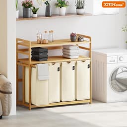 Wasmand met 4 vakken - Kleding Sorteerder - Was Sorteren - Dubbele Bamboe Plank - 198 Liter - Beige — thumbnail 4