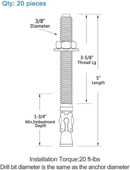 Wigankers Beton - Verzinkte Bevestiging - Zware Constructies Bevestigen - Voor Zware Belasting - 3/8" x 5" 20 Stuks - Verzinkt — thumbnail 5