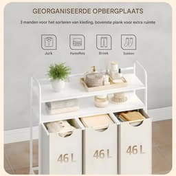 Wasmand – Voor Badkamer & Wasruimte – 3 Compartimenten (3×46L) met 2 Planken, Uitschuifbare Waszak – Ivoor — thumbnail 4