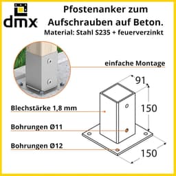 Paaldrager Bodemhuls - Opschroefhuls Betonanker - Hout Verbinding - Gegalvaniseerd Zilver - 91x150x2mm — thumbnail 5