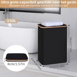 Thuys - Wasmand Zwart 150L - Dubbele Compartimenten - Uitneembare Binnenzakken - Opvouwbaar - voor Slaapkamer en Badkamer — thumbnail 2