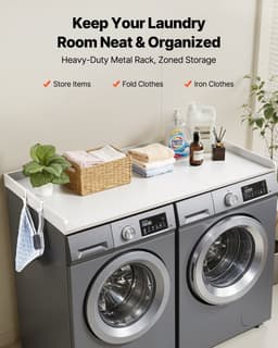 Werkblad / plank voor wasmachine en droger - Tussenblad met opstaande rand - Met haken - Extra opbergruimte - Draagvermogen 113 kg - 137 x 69,9 cm - Wit — thumbnail 4