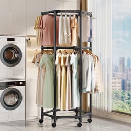 Dubbel Laags Hexagonaal Droogrek met 360 Graden Rotatie en Verplaatsbare Bodem voor Thuis, Slaapkamer en Balkon, Ideaal voor Kleding en Handdoeken — thumbnail 1