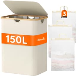Dailygoody - Lifewit Wasmand - Grote wasmand met deksel - Beige - Kleding sorteren - 150 liter wasmand voor slaapkamer en badkamer — thumbnail 1