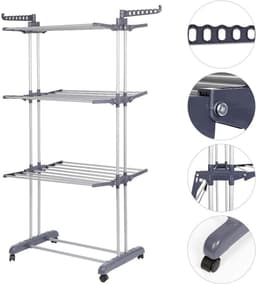 Droogrek Vier Niveaus - Kledingdroger Torens - Kleding Drogen - Inklapbaar Met Wielen - 75 cm Breed - Grijs Zilver — thumbnail 2