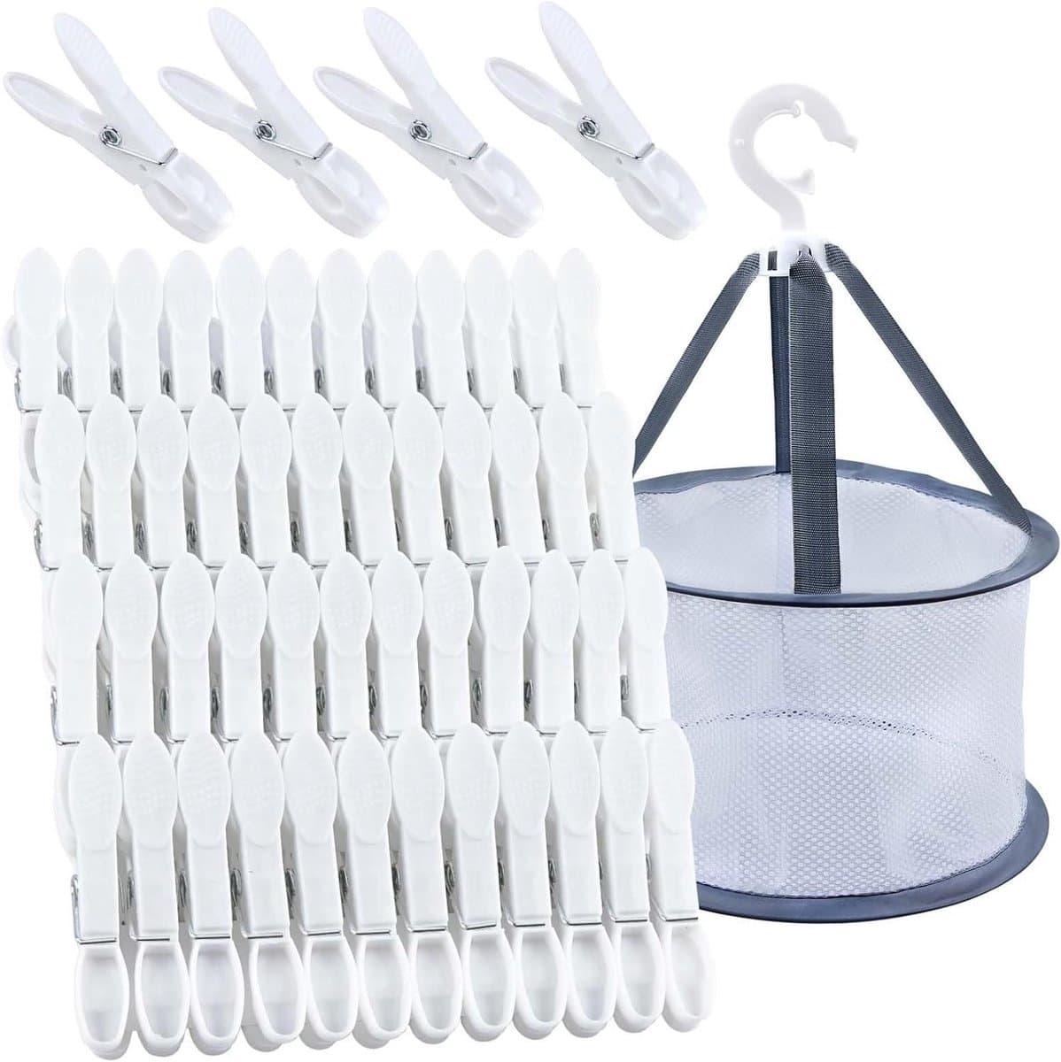 Plastic Wasknijpers - Mini Knijpers - Kleine Kleding Ophangen - Met Opbergmand - 48 Stuks - Wit — afbeelding 1
