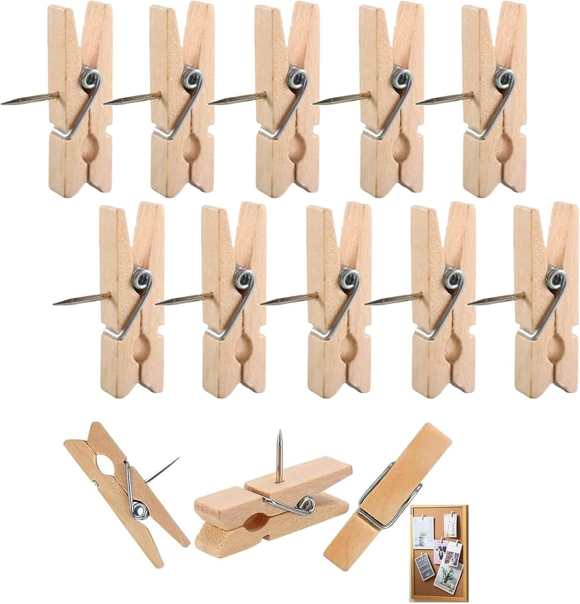 Houten Klemmetjes met Prikkers 100 Stuks Natuurlijk voor Prikborden en Knutselwerk — afbeelding 1