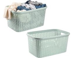 Excellent Houseware Wasmand - 2x - 35 liter - rotan - lichtgroen - kunststof - 53 x 36 x 26 cm