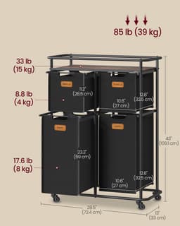 VASAGLE RLS100B01 - Wasmand met Wielen - 4 Afneembare Tassen - Met Opbergrek en 6 Labels — thumbnail 2