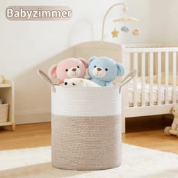 Wasmand, opbergmand, geweven mand, grote ronde wasmand van 72 liter met katoenen handvatten voor de kinderkamer, mand voor dekens en speelgoed voor de woonkamer of wasruimte, bruin en wit — thumbnail 5
