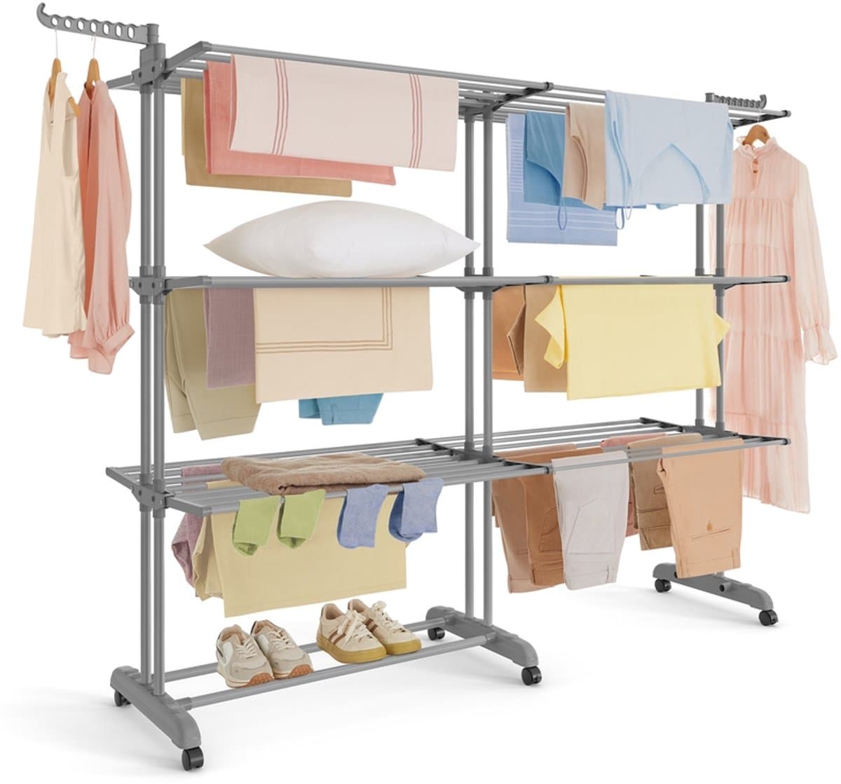 Wasdroger – 4-laags – Op wielen – Inklapbaar – Duifgrijs – Voor binnen- en buitengebruik – 63,5 x 128 x 173 cm — afbeelding 1