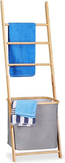 handdoekhouder bamboe - 3 stangen - met wasmand - 139 x 43,5 x 33 cm - badkamer — thumbnail 1