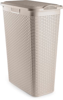 Plasticforte Smalle Wasmand met deksel Rotan - 2x - beige - gevlochten kunststof - 48 liter - 27 x 46 x 60 cm — thumbnail 2
