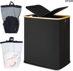 RFWR® Dubbele wasmand 140 l met deksel en 2 vakken - Grote wasverzamelaar voor het gehele gezin — thumbnail 1