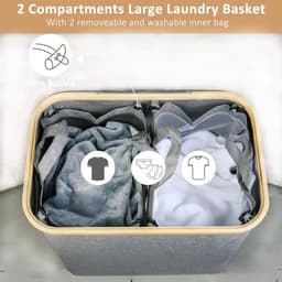 Wasmand - 150L Extra Groot met 2 Vakken, Bamboe Handvat en Deksel - Voor Wasruimte, Slaapkamer en Badkamer - Grijs — thumbnail 4