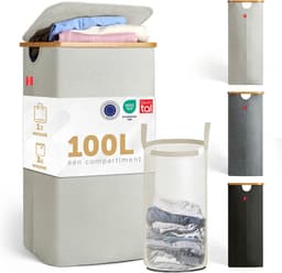 Blumtal Wasmand 100L - Wasmand met uitneembare waszak - Smalle wasmand - Flesverzamelaar - Wasmand met deksel - Beige — thumbnail 1