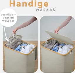 Blumtal Wasmand 150L - Wasmand met 3 uitneembare waszakkken - Wasmand met 3 vakken - Smalle wasmand - Flesverzamelaar - Wasmand met deksel - Beige — thumbnail 2