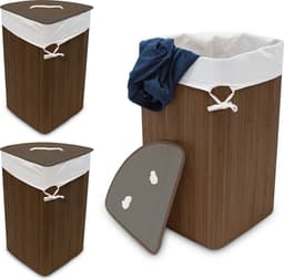 3x wasmand hoekmodel bamboe - 60 liter - deksel - wasbox - driehoekig - bruin — thumbnail 3