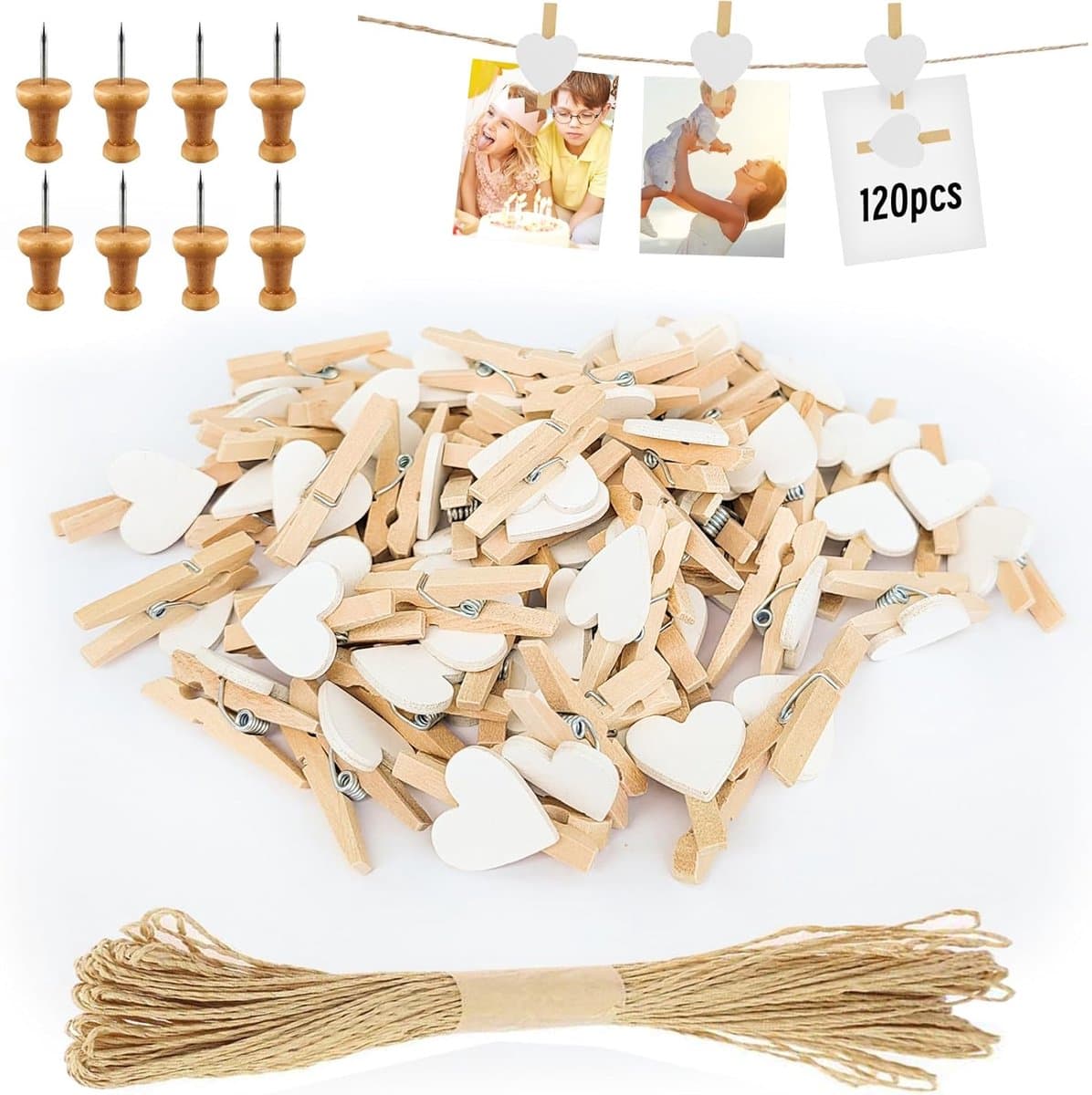 Mini-wasknijpers - decoratie - polaroid - bruiloft - houten knijpers - doe-het-zelf - fotowand - display - feest - wit - 120 stuks met hartjes design, inclusief 10 m jute koord voor foto's. — afbeelding 1