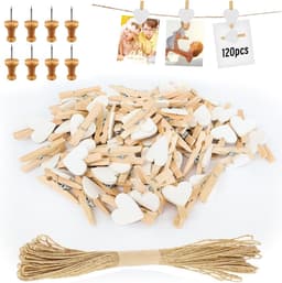 Mini-wasknijpers - decoratie - polaroid - bruiloft - houten knijpers - doe-het-zelf - fotowand - display - feest - wit - 120 stuks met hartjes design, inclusief 10 m jute koord voor foto's. — thumbnail 1
