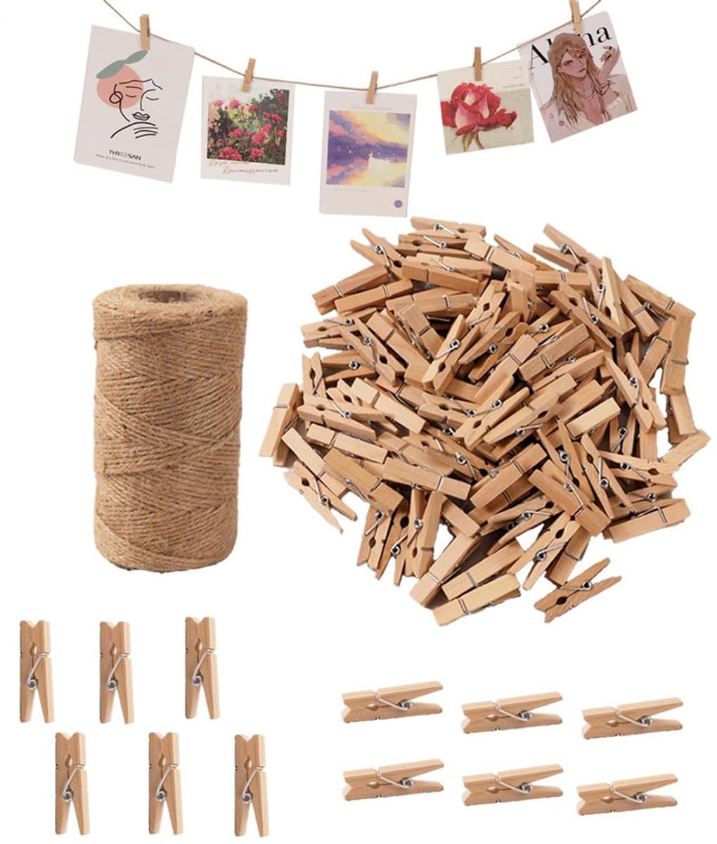 JeiibrZui Jute Koord 100 M - Houten Wasknijpers - Fototouw Met Clips Voor DIY Decoratie - 10 Stuk - Natuurlijke Kleuren — afbeelding 1