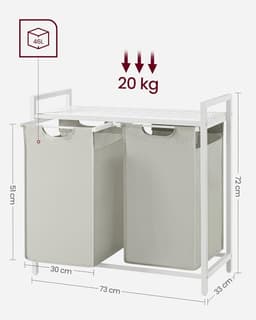 VASAGLE - Wasmand 92 liter - 2 compartimenten - met plank - oxford stof - 2 x 46 liter - 73 x 33 x 72 cm - wit — thumbnail 2