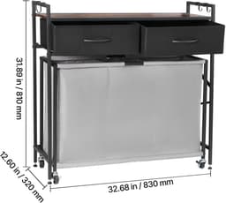 Wasmand van 3 Secties, met Wielen, Organisator met Uittrekbare Zakken, Laden, Haken en Houten Top voor Kleding en Badkameropslag — thumbnail 3