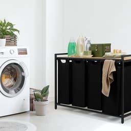 Wasverzamelaar 4 vakken zwart - Wasmand met plank in bamboelook - Wasverzamelaar met metalen frame in zwart - Wasmand met poten - Wasverzamelaar 4 vakken - Wasverzamelaar — thumbnail 2