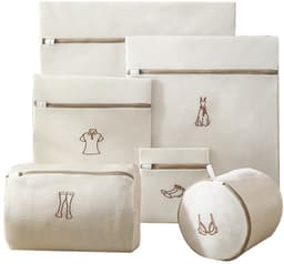 Waszakken - Waszakken Set - Wasnet - Wasnetjes - BH waszak - Lingerie waszak - Kledingbescherming - Wasmachine - Bescherming - Organizer - Travel Organizer - Mesh - Fijnmazig - Honeycomb - Luxe - Borduurwerk - Beige - Set van 6 — thumbnail 1