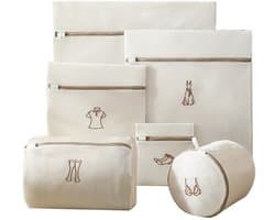 Waszakken - Waszakken Set - Wasnet - Wasnetjes - BH waszak - Lingerie waszak - Kledingbescherming - Wasmachine - Bescherming - Organizer - Travel Organizer - Mesh - Fijnmazig - Honeycomb - Luxe - Borduurwerk - Beige - Set van 6