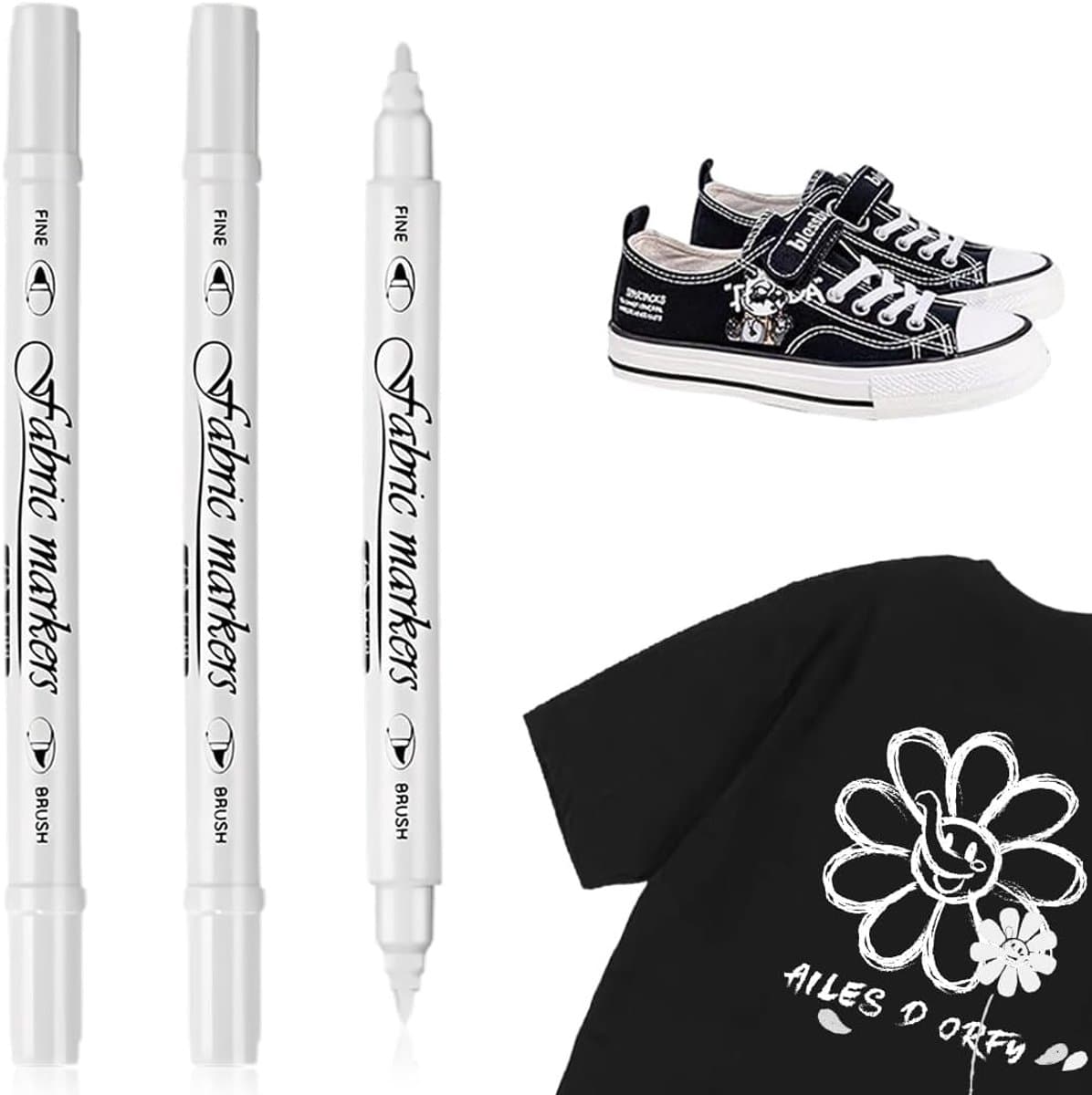 3 stuks witte permanente markeerstiften, witte dubbelzijdige markeerstiften, wit voor stoffen, geschikt voor T-shirts, hoeden, linnen schoenen en linnen tassen — afbeelding 1