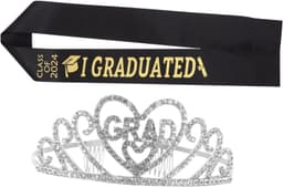 1set Afstuderen Sash Kroon Glitterende Afstudeerkleding Met Unieke Ontwerpen Geschikt Afstudeerceremonie Inclusief Zilveren Kroon Zwarte Sash — thumbnail 1