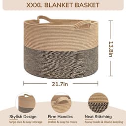 90L XXXL Dekenmand voor de Woonkamer – 55 X 35 CM Wasmand Van Gevlochten Katoentouw – Opbergmand met Handvat voor Speelgoed, Dekens en Wasgoed – Decoratieve Opbergmand (Zwartbruin en kaki) — thumbnail 2