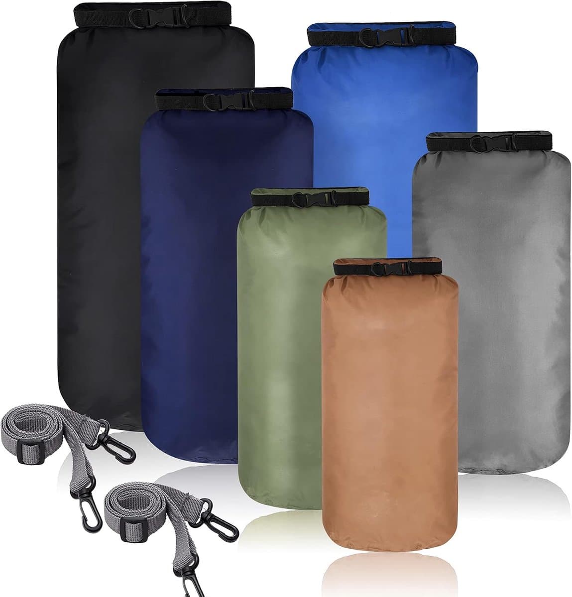 Set van 6 waterdichte droogtassen, combinatie van waterdichte tassen, lichtgewicht, 20 l, 15 l, 10 l, 8 l, 5 l, 3 l, verstelbare schouderriem voor kajakken, wandelen, kamperen, Donkere kleur, 20L, 15L — afbeelding 1