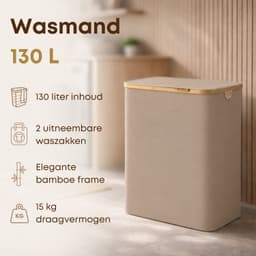 ACAZA Wasmand Met Deksel - 2 Vakken - 130 L - Bamboe - 52 x 38,5 x 70,5 cm - Zand — thumbnail 2