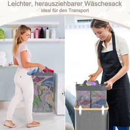 Wasmand 140 l met deksel 3 delen - uitneembare netwassorteerder waszak waszak wasmand met handgrepen voor handdoeken, kleding, speelgoed — thumbnail 5