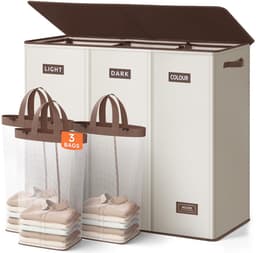 SnelShoppen - 200L Wasmand met Deksel - Wasverzamelaar 3 Vakken met 3 Waszakken - Grote XXXL Wassorteerder voor Badkamer, Slaapkamer, Wasruimte, Kinde — thumbnail 1