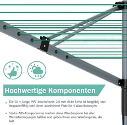 Droogmolen met 4 armen - Wasmolen buiten - Kleding drogen - 50 meter waslijn - 213 cm hoog - Zilver — thumbnail 4