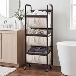 SAYS Wasmand met 3 Vakken, Wasmand op Wieltjes, Organisatie en Opbergruimte voor de Wasruimte, Waskar met 3 Vakken op Wieltjes voor Studentenkamers, Badkamers, Slaapkamers en Kasten, Beige — thumbnail 2