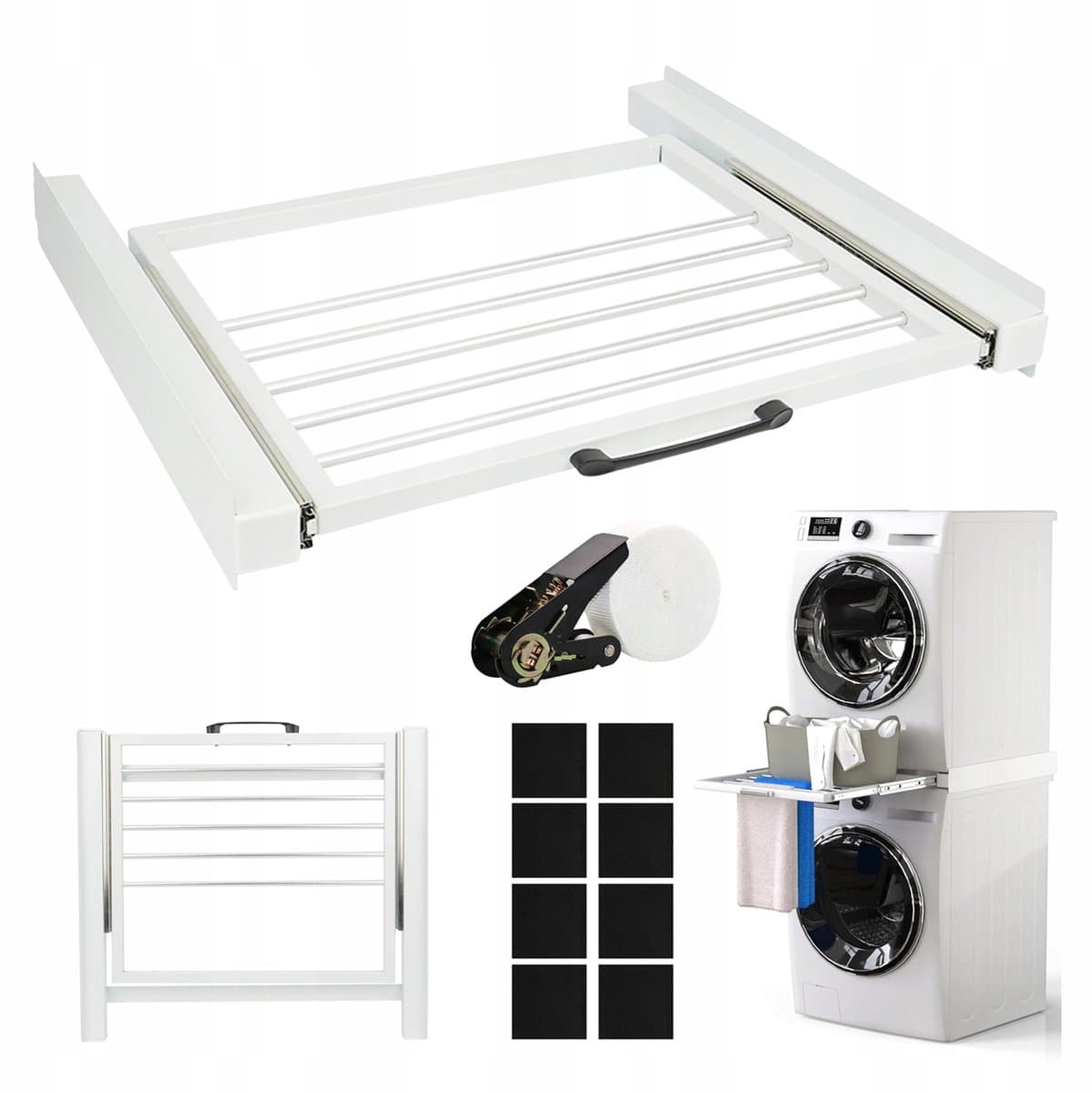 Tussenstuk voor Wasmachine & Droger - Stapelkit Wasmachine en Droger - met Uitschuifbare Plank - 10 kg - 4 Antislip Pads - Universeel - Ruimtebesparend - Stapelkit met Verschuifbaar Handdoekhouder - Voor Kleine Wasruimtes - Wit — afbeelding 1