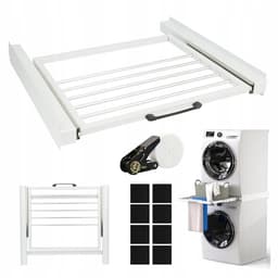 Tussenstuk voor Wasmachine & Droger - Stapelkit Wasmachine en Droger - met Uitschuifbare Plank - 10 kg - 4 Antislip Pads - Universeel - Ruimtebesparend - Stapelkit met Verschuifbaar Handdoekhouder - Voor Kleine Wasruimtes - Wit — thumbnail 1