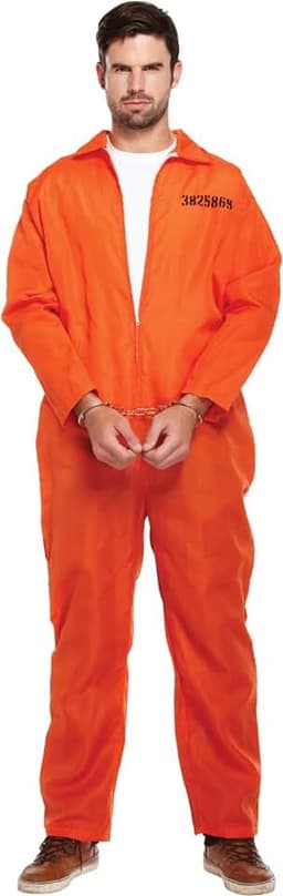 Oranje gevangenis jumpsuit voor volwassenen en heren, verkleedkostuum, veroordeelde ketelpak, gevangenenenoverall, gevangenisspringpak, verkleedoutfit, twee maten herenkostuum — thumbnail 1