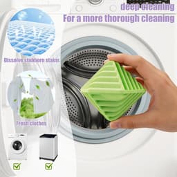Verpakking met 4 herbruikbare antistatische wasballen, afmetingen 65 mm x 58 mm x 60 mm, geschikt voor gebruik met wasverzachter in de wasmachine. Het gestructureerde oppervlak voorkomt dat kleding in de knoop raakt (geel, paars, groen, wit). — thumbnail 2