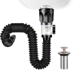Afvoerset Voor Wastafel | Uitbreidbaar 300-1000mm Sifon | Flexibele Afvoer Met Intrekbaar Filterstop | Zwart | Universeel Voor Badkamer En Keuken | Geurafdicht | Lekvrij | Eenvoudig Te Installeren | Cyslmuk® — thumbnail 1