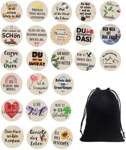 Dailygoods- Geluksbrengers 24 stuks - Houten Geluksbrenger - Ronde Mini-souvenirs - Inspirerende Citaten - Fluwelen Zakje - Tafeldecoratie - Gelukssteen — thumbnail 1