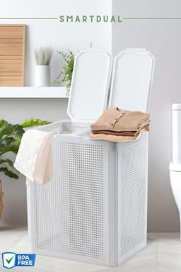 Wasmand met 2 vakken - Sorteer mand - Kleding sorteren - Dubbel deksel ontwerp - 84 liter inhoud - Zandgrijs — thumbnail 4