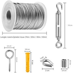 Hangende waslijn roestvrij stalen kabel - hangende roestvrijstalen kabel - 30M wastouw voor buiten - droogrek voor buitenkleding - metalen kabel voor buiten - roestvrijstalen relingkabelset — thumbnail 2