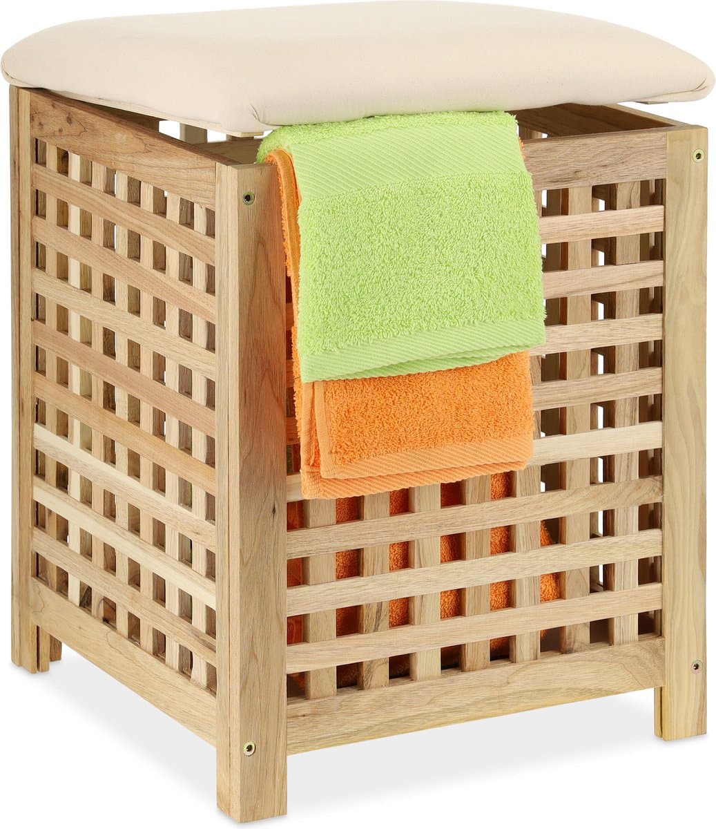 Stabiele wasmand met zitting - multifunctioneel - 1 stuk - walnotenhout — afbeelding 1